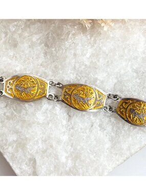 Guilloche Siam Sterling Silver Yellow Hexagon Paneled 30's 925 Vintage Bracelet